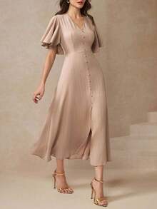 Vestido con abertura en el muslo, mangas de mariposa y botones delanteros para mujer - Camel - Ver 3