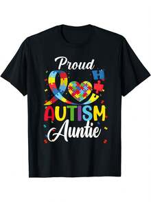 Camiseta "Tía Orgulloso de Autista" - Diseño de Piezas de Rompecabezas Coloridas, Ajuste Cómodo, Cuello Redondo, Estilo Casual Unisex, Camiseta Moderna Estampada de Tejido Grueso, un Estilo Versátil para el Día a Día, Perfecta para Salir - Negro - Ver 7