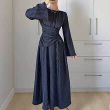 Women's Striped Minimalist Long Sleeve Dress, Casual Everyday Wear Winter Blue,Dresses For Women Elegant Spring - Azul Marino - Ver 2
