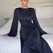 Women's Striped Minimalist Long Sleeve Dress, Casual Everyday Wear Winter Blue,Dresses For Women Elegant Spring - Azul Marino - Ver 5