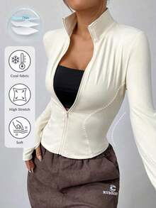 Chaqueta de manga larga de punto ajustada con protección solar para mujer en otoño/invierno, color albaricoque - Albaricoque 2 - Ver 7