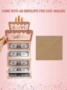 一套黑金生日快樂摺疊鈔票卡與信封、粉金生日蛋糕圖案摺疊鈔票卡,生日派對驚喜現金禮物,週年紀念裝飾摺疊鈔票卡,生日派對裝飾 - 均碼 - 查看 5