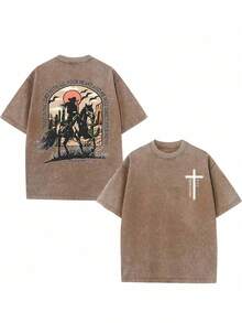 Playera de hombre y mujer estampado vaquero oeste algodón lavado 230g nacional envio aire libre - marrón café - Ver 12