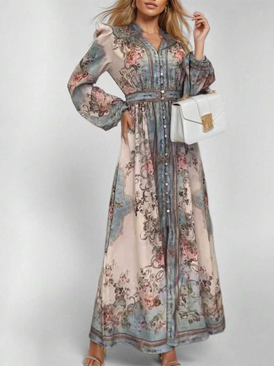 Vestido largo primavera 2026, estampado vintage, cintura marcada y falda amplia - Blanco - Ver 1