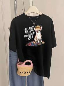 Women's Chihuahua Lover T-Shirt 2025 - Summer Short Sleeve Top With Chihuahua Print, Casual Round Neck For Pet Owners, Cute And Machine Washable Chihuahua Clothes - 黑色 - 查看 6