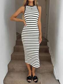 Vestido midi ajustado sin mangas con cuello redondo y bloques de color para mujer , vestido de verano, vestido de rayas verticales, vestido midi ajustado, vestido largo ajustado, vestido de verano con abertura, vestido de verano, vestido de primavera, vestidos elegantes para mujer, vestido de vacaciones para mujer, vestido midi blanco, vestido elegante de verano para mujer, vestido midi casual. - Blanco y Negro - Ver 4