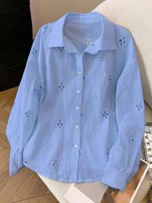 Camisa casual de mujer de manga larga con bordado calado y abotonadura sencilla - Azul 2 - Ver 3