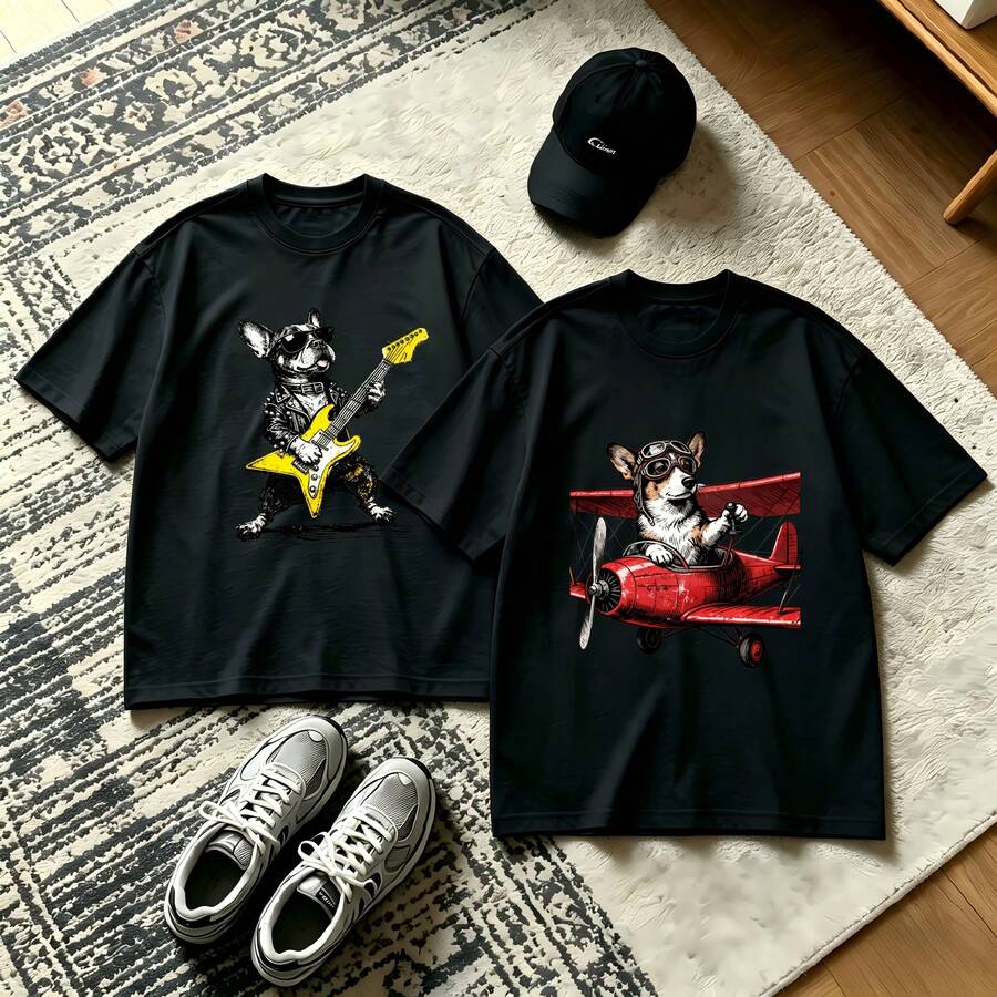 2-Piece Couple Matching Pattern T-Shirt, 100% Cotton, Loose Fit, Soft And Breathable, Casual Round Neck Short Sleeved Top Mona Lisa With Bubble Gum Venus De Milo With Sunglasses Versatile Patterns No Picky Combinations Coordinated Dating Casual Travel Simple And Cartoonish Printing Styles High - 黑色 - 查看 1