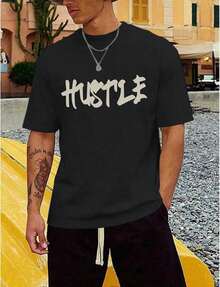 Camiseta de gran tamaño con estampado, ropa de calle para hombre, camiseta vintage con letras, camiseta de algodón inspiradora y positiva QWUE - Negro - Ver 4