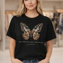 Women's Plus Size Graphic Print Cotton T-Shirt With Butterfly Print And The Bible Verse "For I Know The Plans I Have For You - Jeremiah 29:11", Loose Fit, Short Sleeve, Sizes M-5XL, Casual Christian Religious T-Shirt For Everyday Wear, Suitable For Spring, Summer And Autumn. - 黑色 - 查看 7