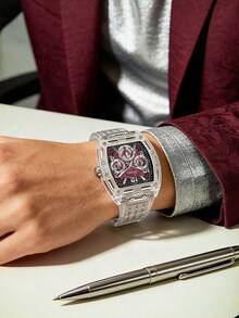 Guess Men's Tonneau Chronograph Watch Transparent Case Clear Silicone Strap Red Multifunctional Dial Sporty Statement Wristwatch Streetwear Fashion Timepiece For Music Festival Party Daily Street Outfit Ideal Gift For Boyfriend Husband Brother Birthday Anniversary Holiday - 紅色 - 查看 3