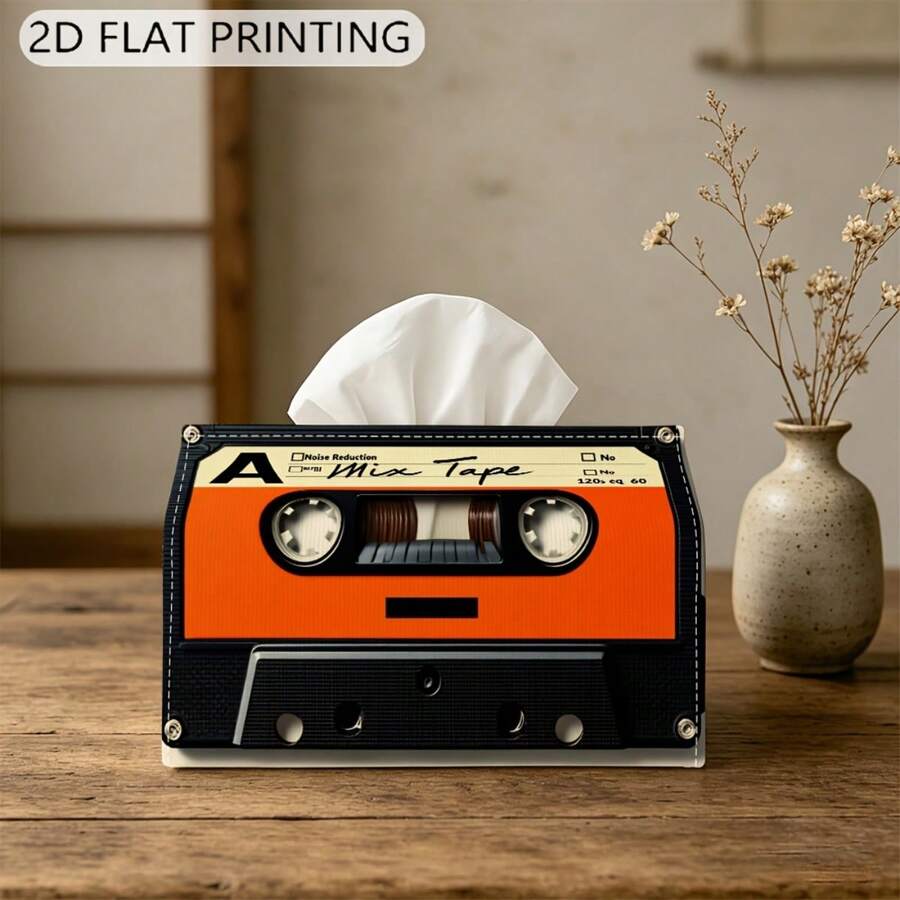 1pc Vintage Orange & Black Cassette Tape Pattern Tissue Box, Home Living Room Bedroom Desktop Paper Towel Holder, Creative Retro Style Napkin Box, Cafe & B&B Decor Ornament - Multicolor - View 1