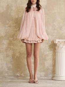 Nuevo vestido corto estilo francés con pliegues y diseño capa, look dulce y moderno para mujer europea y americana - Rosa - Ver 1