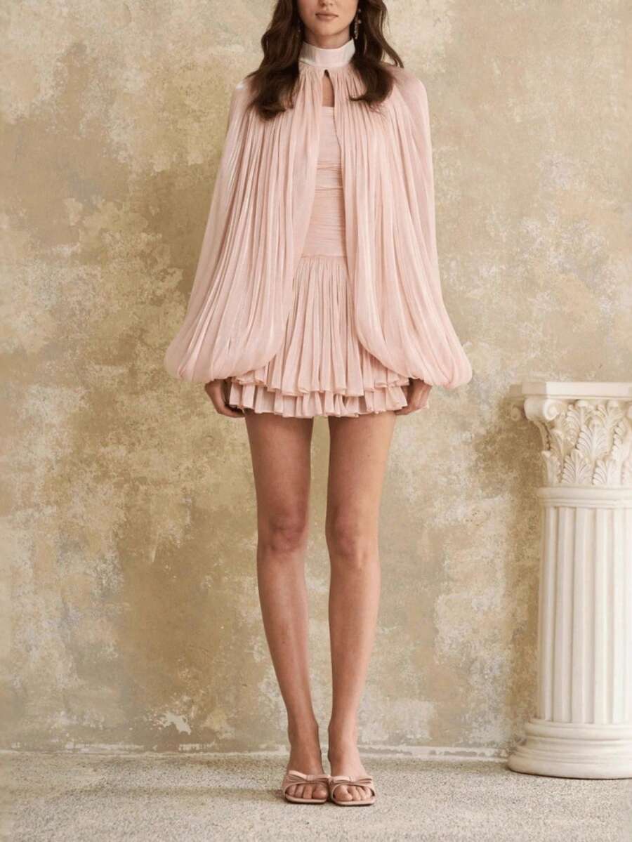 Nuevo vestido corto estilo francés con pliegues y diseño capa, look dulce y moderno para mujer europea y americana - Rosa - Ver 1