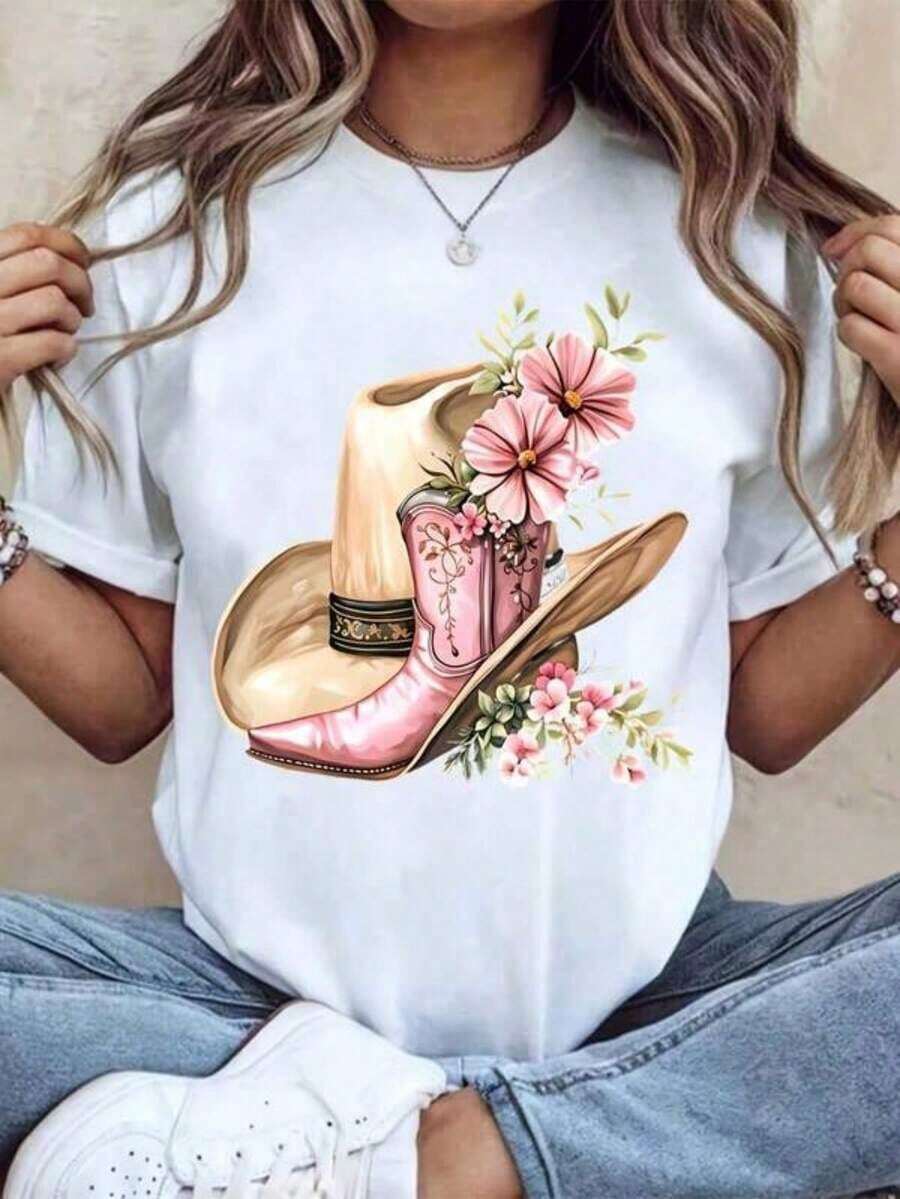 Camiseta de cuello redondo para mujer con estampado de sombrero de vaquero y botas rosas con flores, manga corta, estilo casual de verano para uso diario. - Blanco - Ver 1