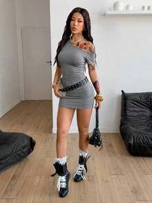 Vestido corto de manga corta asimétrico, de cuello básico, de uso diario, casual, elástico y minimalista estilo Y2K para mujer, apto para todas las estaciones - Gris - Ver 5