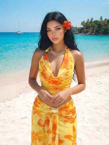 Top de tirantes asimétrico con decoración metálica y estampado floral sexy para vacaciones - Amarillo - Ver 3