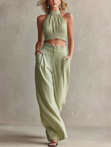 Conjunto de 2 piezas nuevo de moda para mujer, estilo casual, top halter de cuello redondo y espalda descubierta, pantalón largo, perfecto para vacaciones, playa y looks de verano - verde claro - Ver 3