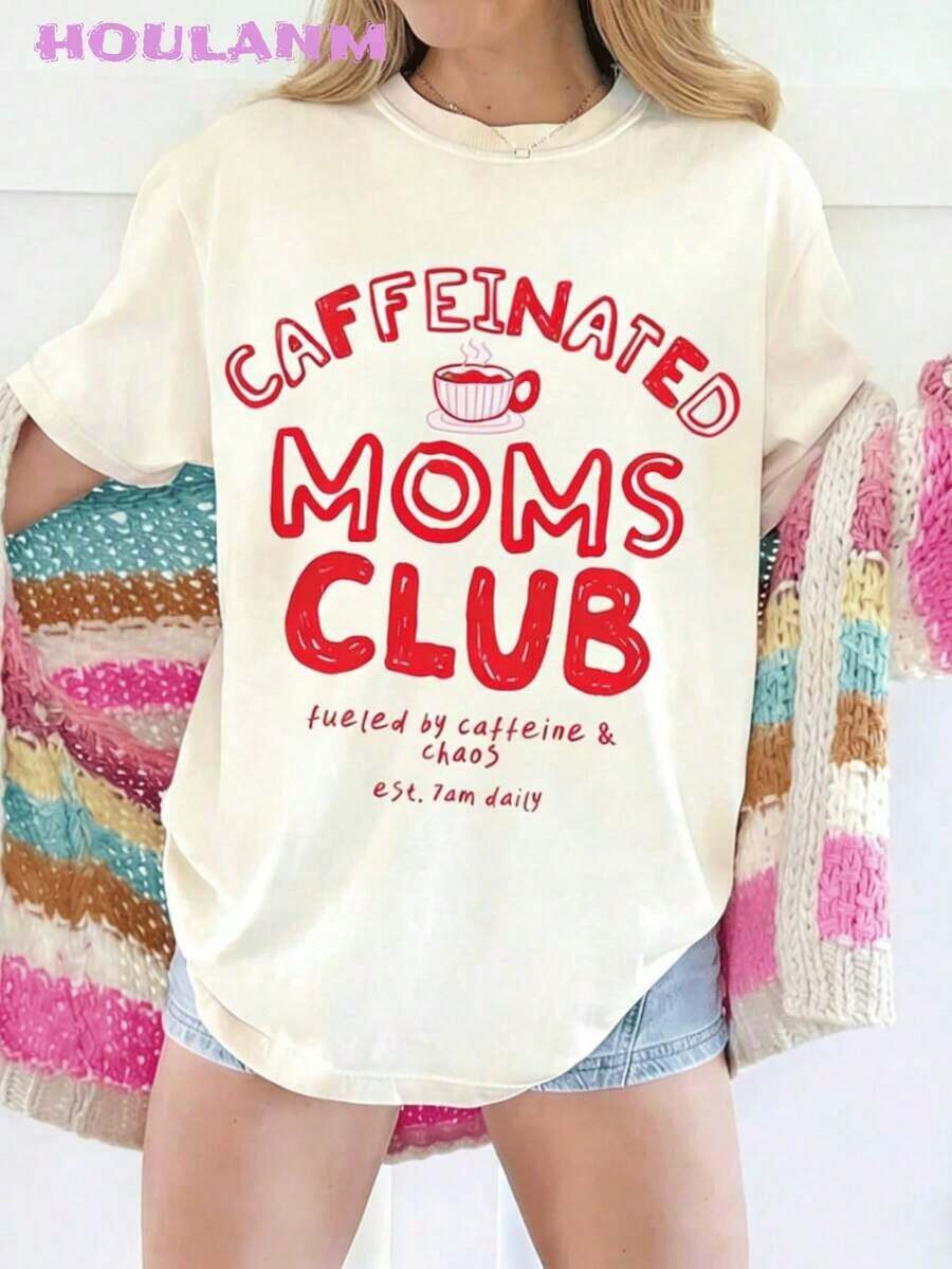 Camiseta de manga corta informal para mujer, estilo retro, con estampado de café y la frase "Caffeinated Moms Club", para vacaciones de verano. |   Tops de primavera, camiseta de manga corta de talla grande, ropa de mujer, ropa de verano para mujer - Albaricoque - Ver 1