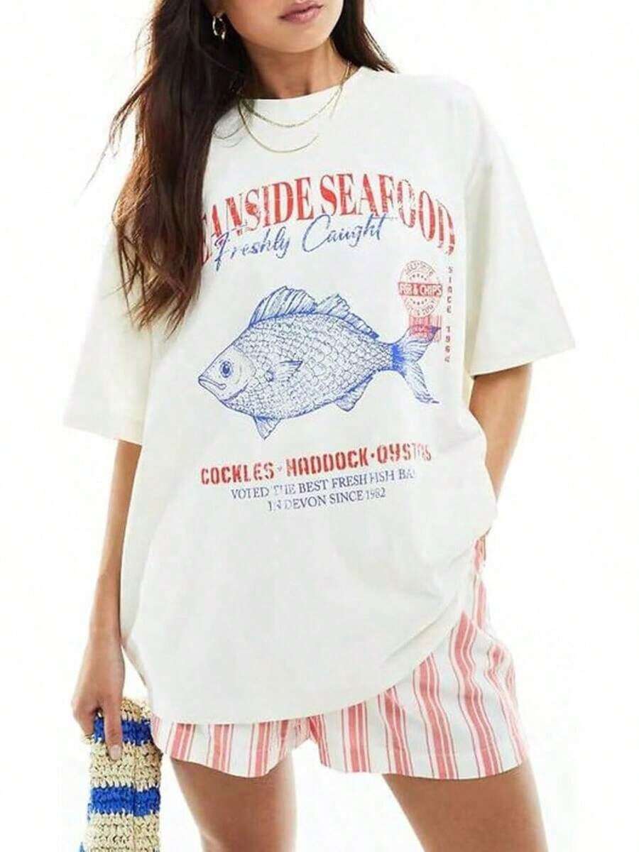 Y2K T Camisa / Arce Hoja Imprimir TopWomen Lindo Gráfico De gran tamaño Camisetas Pez Langosta Mar Floral Fruta Impreso Y2K Bolso holgado T Camisas Adolescente Chicas Preppy Costero Ropa Vintage Estética Gratis Personas Dup ES Ropa Azul Pez En Mujeres Ropa Tienda2026-Breezy Playa Superior / Ligero Verano Top-Vintage Calle Estilo Unisexo Suelto Algodón Corto Manga Tripulación Cuello Camiseta 100% algodón puro - Blanco - Ver 1