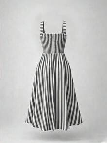 Vestido casual de línea A de longitud media con cuello en V a rayas y decoración de remaches para mujer - Negro - Ver 2