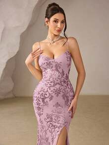Vestido de noche con abertura alta en el muslo, con lentejuelas y diseño de patchwork, con espalda descubierta y silueta de sirena para mujer - Rosa - Ver 6