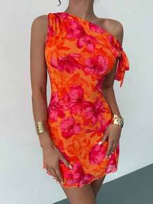 Elegant Off-The-Shoulder Floral Vacation Dress, Floral Mesh Dress, Asymmetrical Neckline Dress, Perfect For Spring/Summer, Beachwear, Elegant, Vacation, Beach, Hawaii, Date, Music Festival, Graduation, Prom - 橘色 - 查看 6