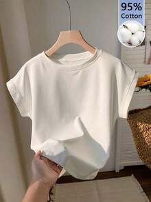 Set de 3 camisetas casuales de mujer de cuello redondo y unicolor, versátiles para uso diario - Blanco - Ver 1