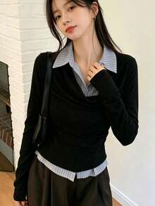 YCYC 女款韓系時尚百搭領口修身顯瘦 2 合 1 垂領拼接條紋長袖襯衫 黑色 - 黑色 - 查看 3
