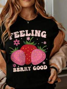 Women's Cool Summer T-Shirt With Strawberry Print, Casual Style, Cute Fruit Print Summer T-Shirt For Everyday Wear, Fashion - 黑色 - 查看 1