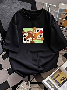 Dos simpáticos personajes de caricatura asomados con expresiones alegres que transmiten diversión y amistad perfecta para un look casual y juvenil camiseta de mujer  cómoda y suave ideal para uso diario - Negro - Ver 2
