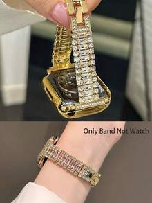 1pc Women's Luxury Triple-Row Sparkling Diamond Metal Watch Band, Gold Color, Compatible With Apple Watch Band Size 38/40/41/42/44/45/46/49mm, Compatible With Apple Watch Ultra/SE, Series 11/10/9/8/7/6/5/4/3/2/1 Smartwatch, Suitable For Birthday Party, Birthday Gift, High-End Luxury Strap - Gold - View 3