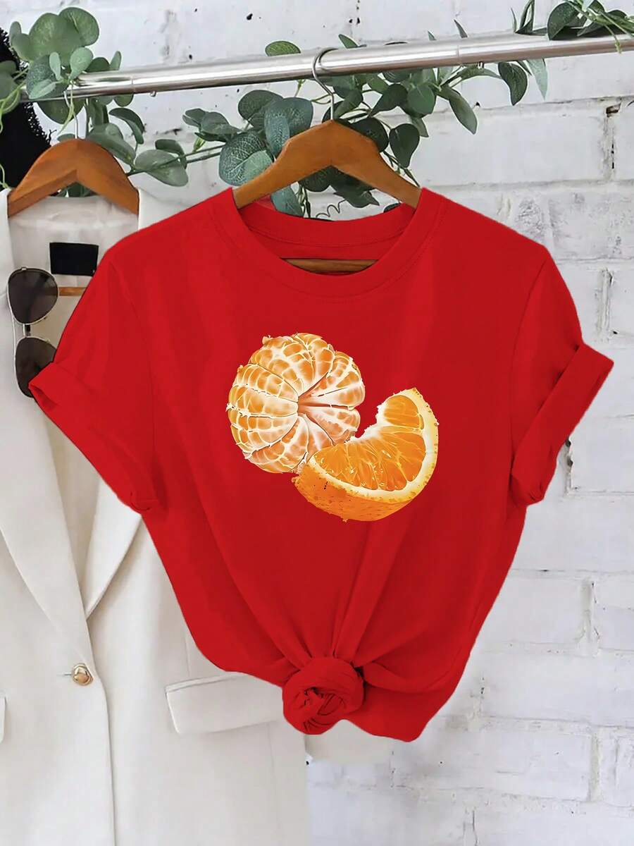 Camiseta de manga corta para mujer con estampado de rodajas de naranja y pulpa, estilo casual y moderno, ropa elegante para mujer - Camiseta unisex de algodón holgada de manga corta con cuello redondo, estilo vintage urbano, blusas para mujer. blusas.blusas casuales para dama. - Rojo - Ver 1