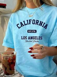 Women's Vintage Graphic T-Shirt With California Los Angeles Design - Casual Crew Neck, Short Sleeve, Cotton, Machine Washable, EST 1776 Print2025 - 淺藍色 - 查看 1