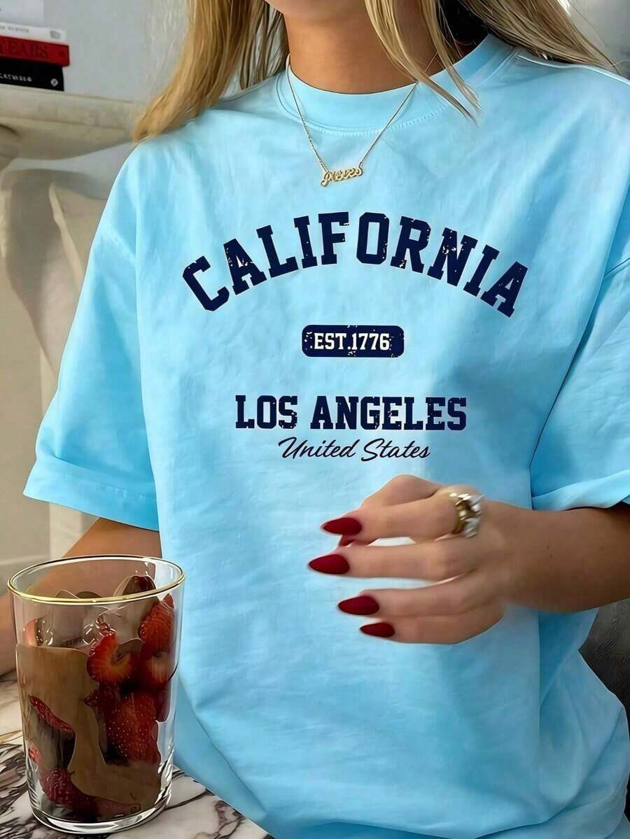 Women's Vintage Graphic T-Shirt With California Los Angeles Design - Casual Crew Neck, Short Sleeve, Cotton, Machine Washable, EST 1776 Print2025 - 淺藍色 - 查看 1