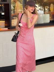 New Women's Long Summer Dress V-Neck Strappy Plaid Holiday Style Elegant Sensual European Fashion - 紅色 - 查看 3
