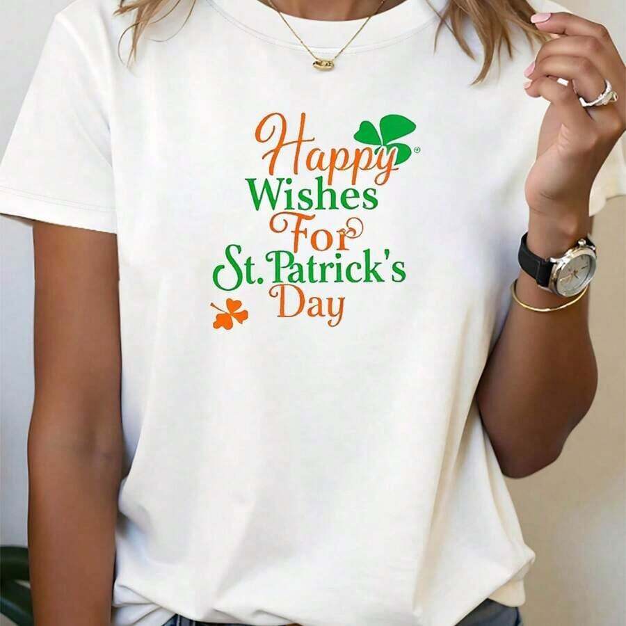Camiseta Moderna Minimalista con Estampado Gráfico del Día de San Patricio para Mujer, Casual para el Día a Día - Blanco - Ver 1
