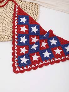 1pc Knitted Pentagram Embroidered Triangle Scarf, Women's Head Wrap, Daily/Travel/Vacation Sun Protection Hair Accessory Vacay Bandanas - Red - View 5