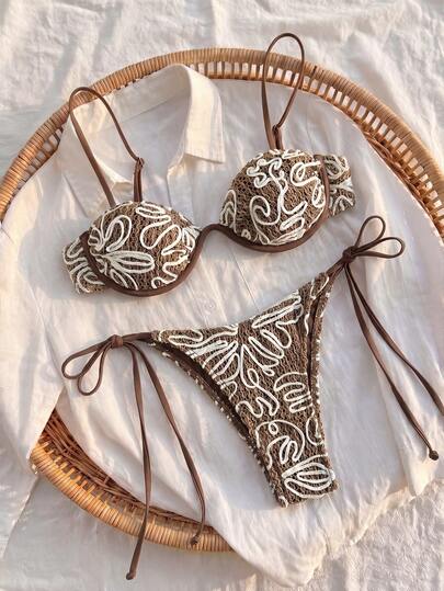 Bikinx Women's Embroidered Crochet Bikini Set Featuring Underwire Bra And Side Tie Bottoms For A Chic Beach Look Vacation Summer
