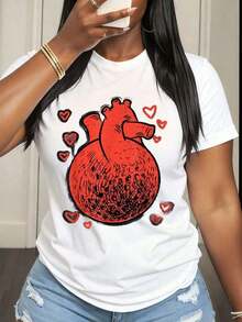 Camiseta de Cuello Redondo Casual para Mujer con Estampado de Corazón Anatómico y Símbolos de Amor, Estilo Suave y Cómodo para Uso Diario, Regalos para Fiestas, Primera Opción. Blusas para mujer. - Blanco - Ver 7
