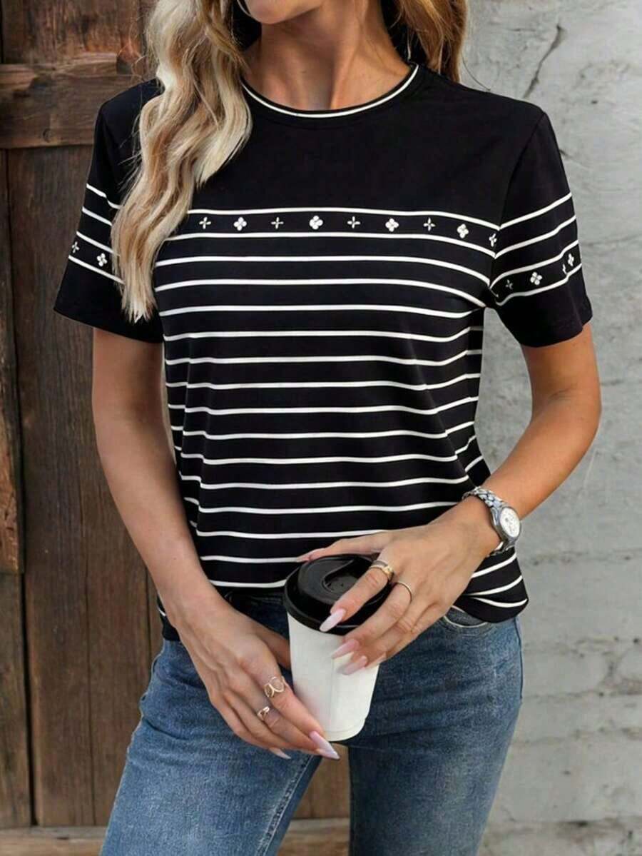 Camiseta de punto ajustada de manga corta informal para mujer - Multicolor - Ver 1