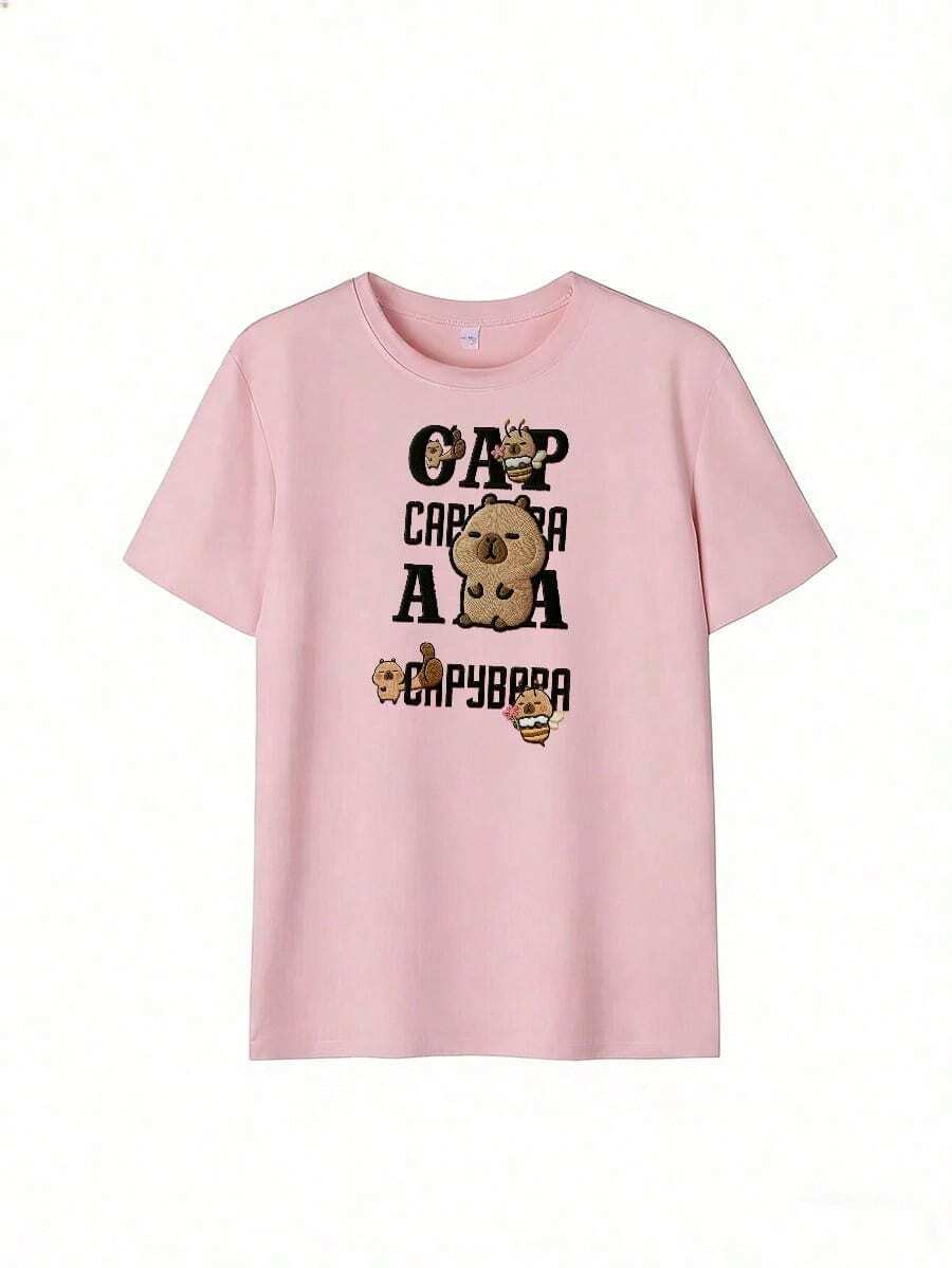 Camiseta con Capybaras Lindas y Texto "Capybara",Camiseta de manga corta de moda para primavera y verano de 2026, hecha en México, 180 gramos. Estampado de dibujos animados, modelo de pareja, apta para uso interior o exterior. Cuello redondo, unisex, ideal para oficina y ocio. Paquete de una pieza. - PK-P631577SLNDXZGY355 - Ver 1