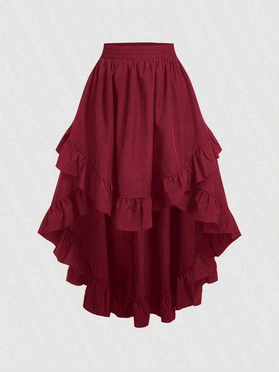MOD Falda burdeos con volantes para mujer de talla grande, falda burdeos vintage con volantes - Burdeos - Ver 1