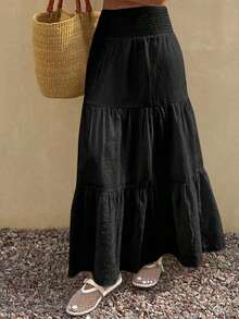 Women's Solid Color Skirt For Vacation And Leisure, Bohemian Style - Black - View 11
