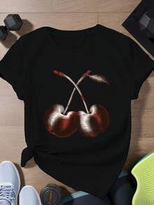 Sombreado de dos cerezas entrelazadas Camiseta deportiva de manga corta de talla para mujer - Negro - Ver 6