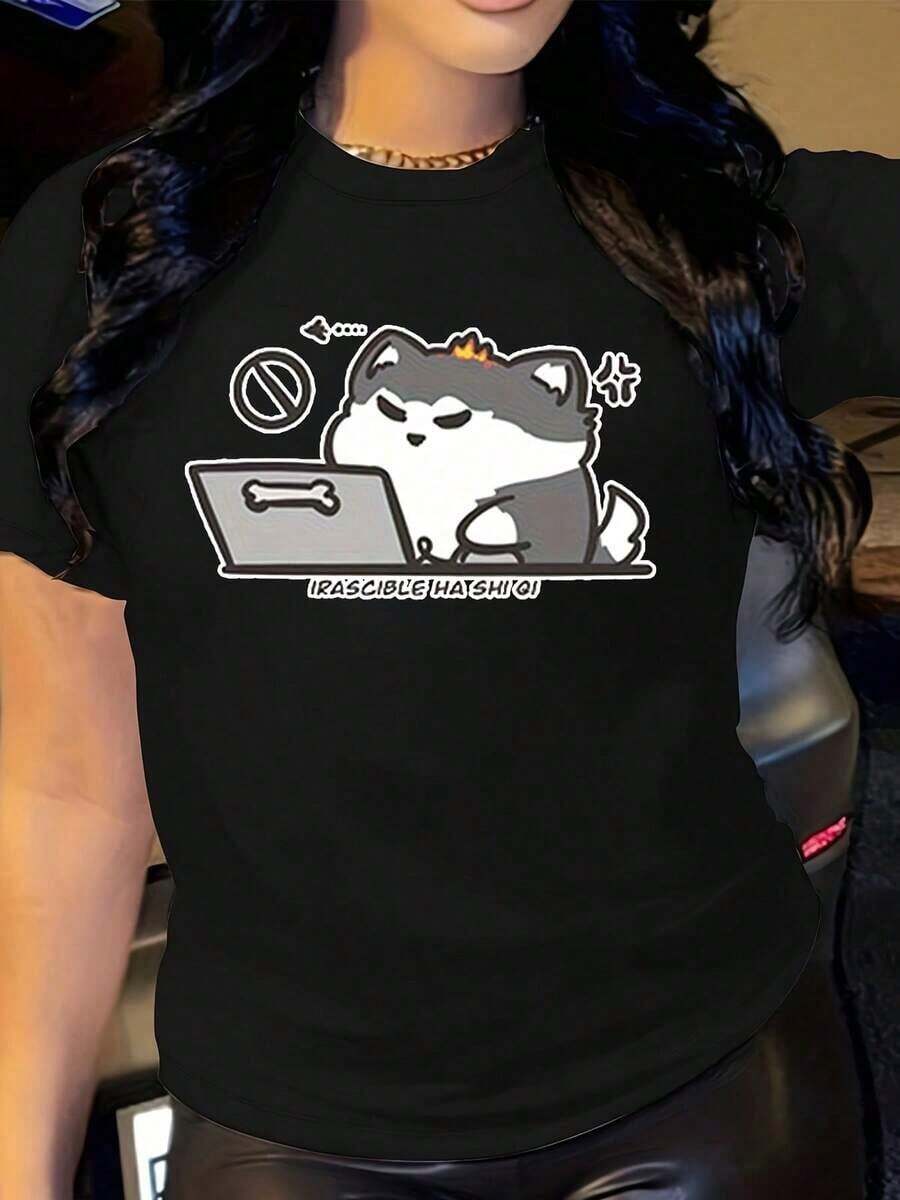 ropa de mujer ¡Camisetas divertidas japonesas para mujer, imposibles de tocar! Camiseta con Estampado Gráfico - Diseño Adorable de Horton Petition - Camiseta Casual Suave para Uso Diario - Lavable a Máquina, Top para Mujer para Todas las Temporadas, Camiseta de Corte Holgado, Camiseta con Estampado de Dibujos Animados, Tela Cómoda, Camiseta de Corte Holgado, Moda Femenina, camisas de mujer - Negro - Ver 1