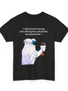 Plus Size T-Shirt With Cartoon Illustration "I'll Name Him George" - Playful And Whimsical Design With Furry Creature And Orange Bird With Red Scarf, Casual Black T-Shirt For Fun Outings, Perfect Gift For Animal Lovers And Cartoon Enthusiasts - 黑色 - 查看 1