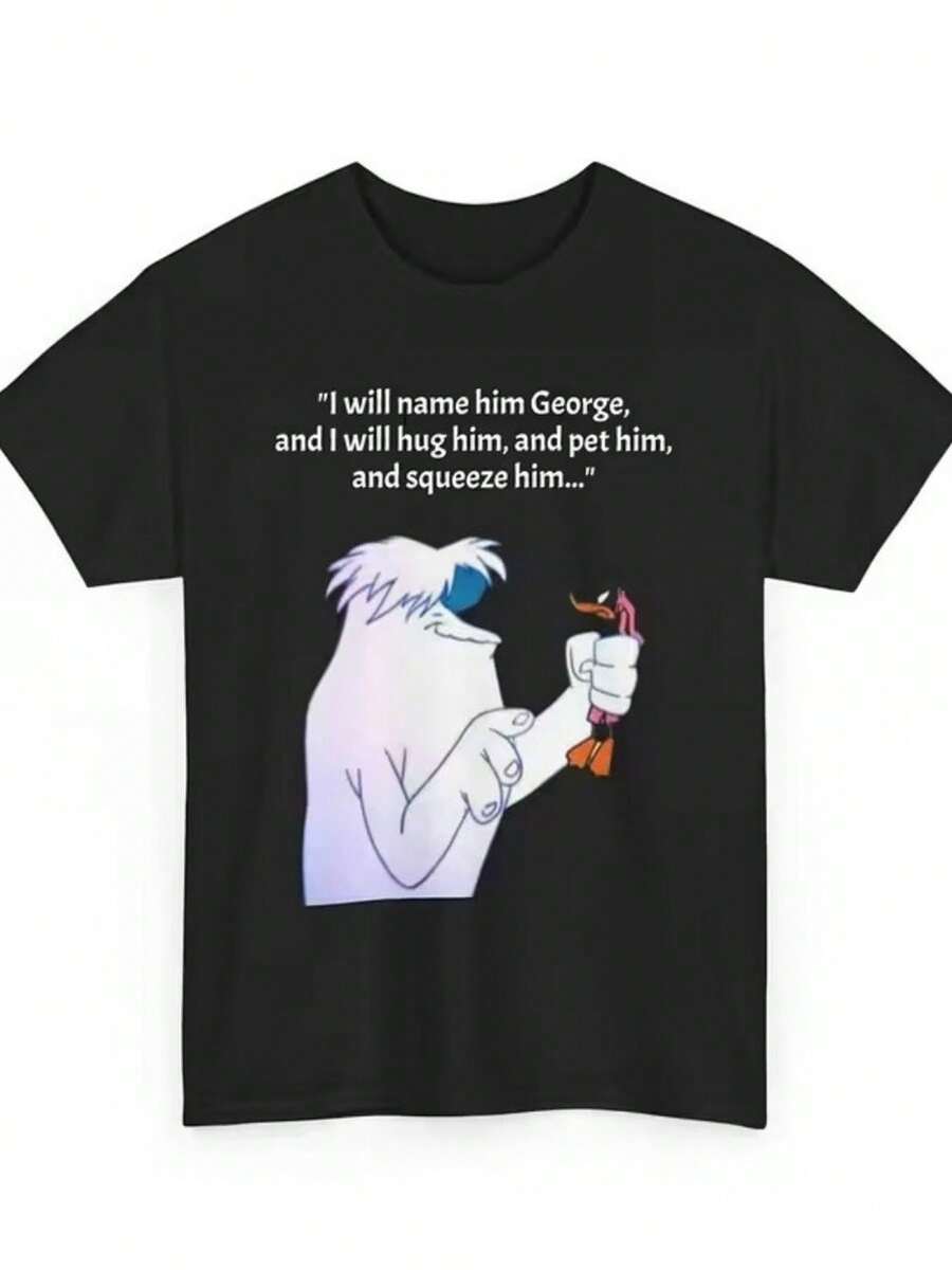 Plus Size T-Shirt With Cartoon Illustration "I'll Name Him George" - Playful And Whimsical Design With Furry Creature And Orange Bird With Red Scarf, Casual Black T-Shirt For Fun Outings, Perfect Gift For Animal Lovers And Cartoon Enthusiasts - 黑色 - 查看 1