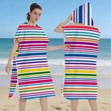 1pc Rainbow Striped Hooded Poncho, Changing Robe, Swimsuit Cover Up, Ultra-Soft Wearable Beach Towel, For Surfing, Swimming, Bathing, Outdoor Sports - Rainbow Stripes - View 4