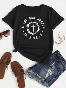 Christian Easter T-Shirts, Much Happens In 3 Days, Religious T-Shirts, Resurrection T-Shirts, Short-Sleeve T-Shirt With Letter Pattern Print, Casual Short-Sleeve Crew Neck T-Shirt For Summer And Spring, Women's Clothing - 黑色 - 查看 1